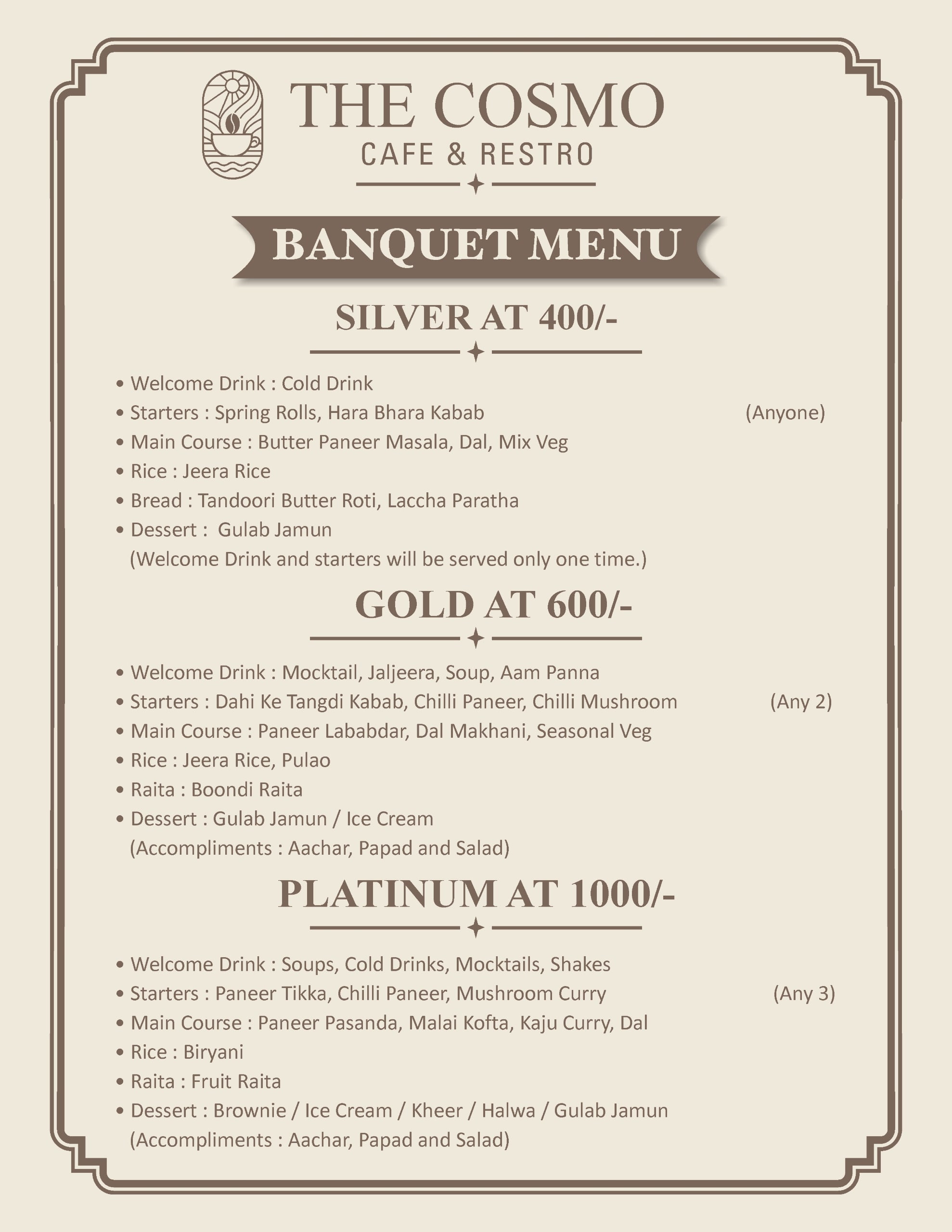 Banquet menu packages at The Cosmo